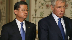 Defense Secretary Chuck Hagel (R) and VA Secretary Eric Shinseki (L), stand next to one another at a news conference on Capitol Hill May 22, 2013 in Washington DC.