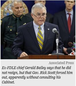 Associated Press Photo of Ex-FDLE chief Gerald Bailey speaking to the press and stating that he did not resign, but that Gov. Rick Scott forced him out, apparently without consulting his Cabinet.