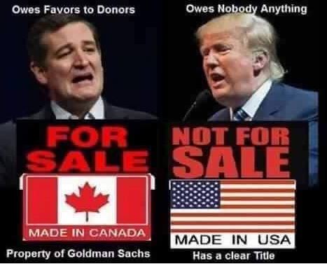 Photo of Ted Cruz and Donald Trump with the captions "Cruz for Sale" and "Trump not for Sale"
